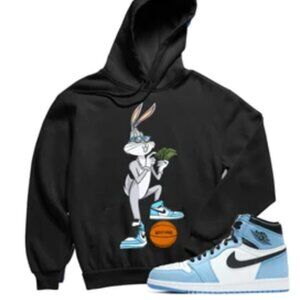 Bugs Jordan1 University Blue Retro Sneaker Print Hoodie, Black M